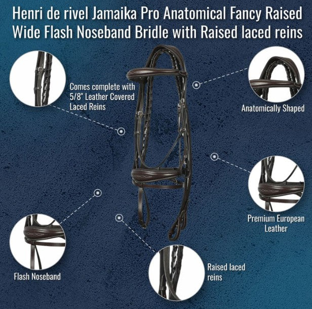 Henri de rivel Jamaika Pro Anatomical Fancy Raised Wide Flash Noseband Bridle with Raised laced reins